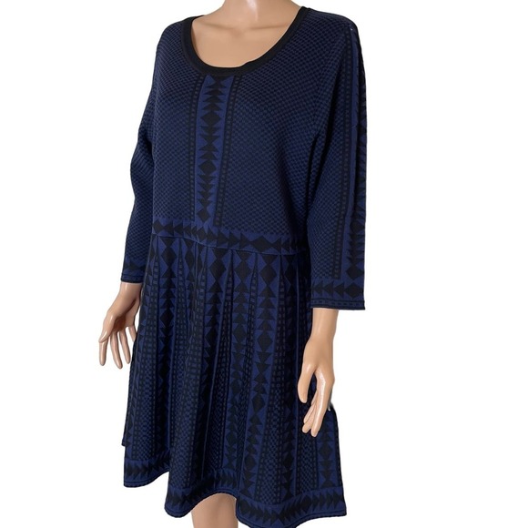 Nina Leonard Black And Blue Geometric Patterned 3/4 Sleeved Sweater Dress SZ XL - Picture 2 of 12